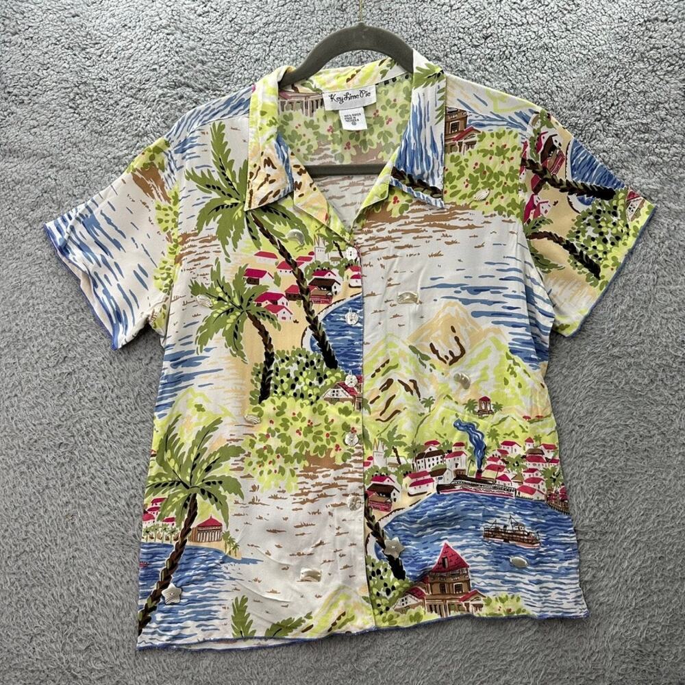 Key Lime Pie VTG Small Button Up‎ Shirt Tropical Print Shell Accents Art to Wear